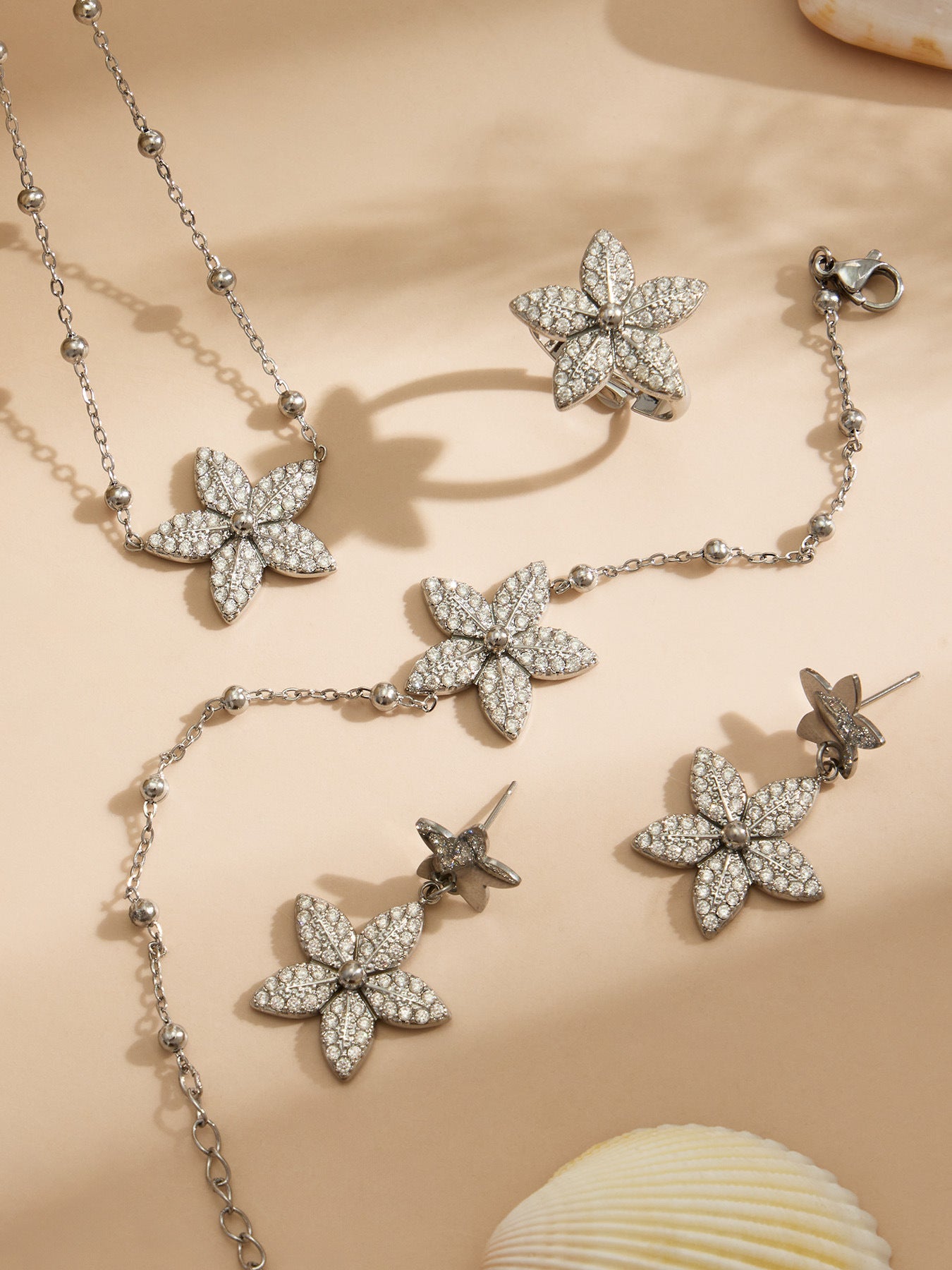 316L Stainless Steel 18K Gold PVD Tulip Flower Zircon Star Tassel Ring Necklace Earrings Bracelet - Tulip Flower Zircon Star Tassel Wholesale Stainless Steel Jewelry - Sensitive Skin Friendly - Detail 9