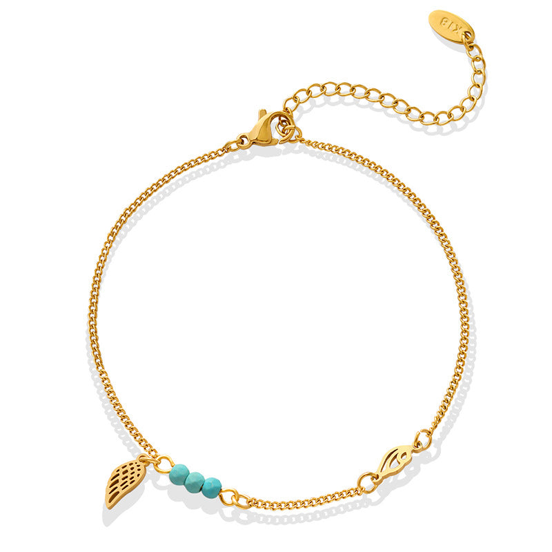 18K gold PVD plated 316L stainless steel turquoise wing anklet, adjustable extender, waterproof hypoallergenic minimalist coastal jewelry for wholesale