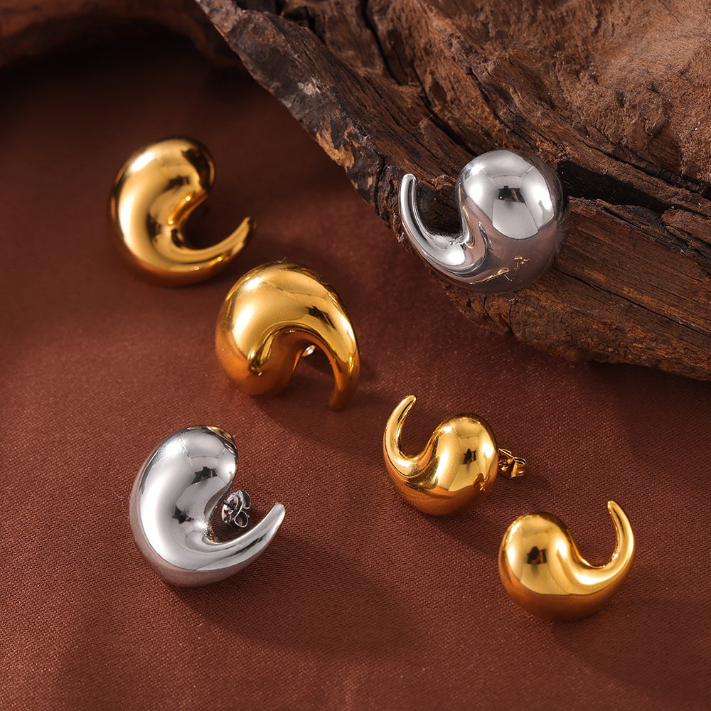 316L Stainless Steel 18K Gold PVD Twist Comma Design Earrings - Twist Comma Design Gold Earrings Wholesale Stainless Steel Jewelry - Sensitive Skin Friendly - Detail 1