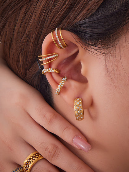 316L Stainless Steel 18K Gold PVD Twisted Three-Layer Zircon Ear Cuff Earrings - Twisted Three-Layer Zircon Ear Cuff Wholesale Stainless Steel Jewelry - Sensitive Skin Friendly - Detail 1