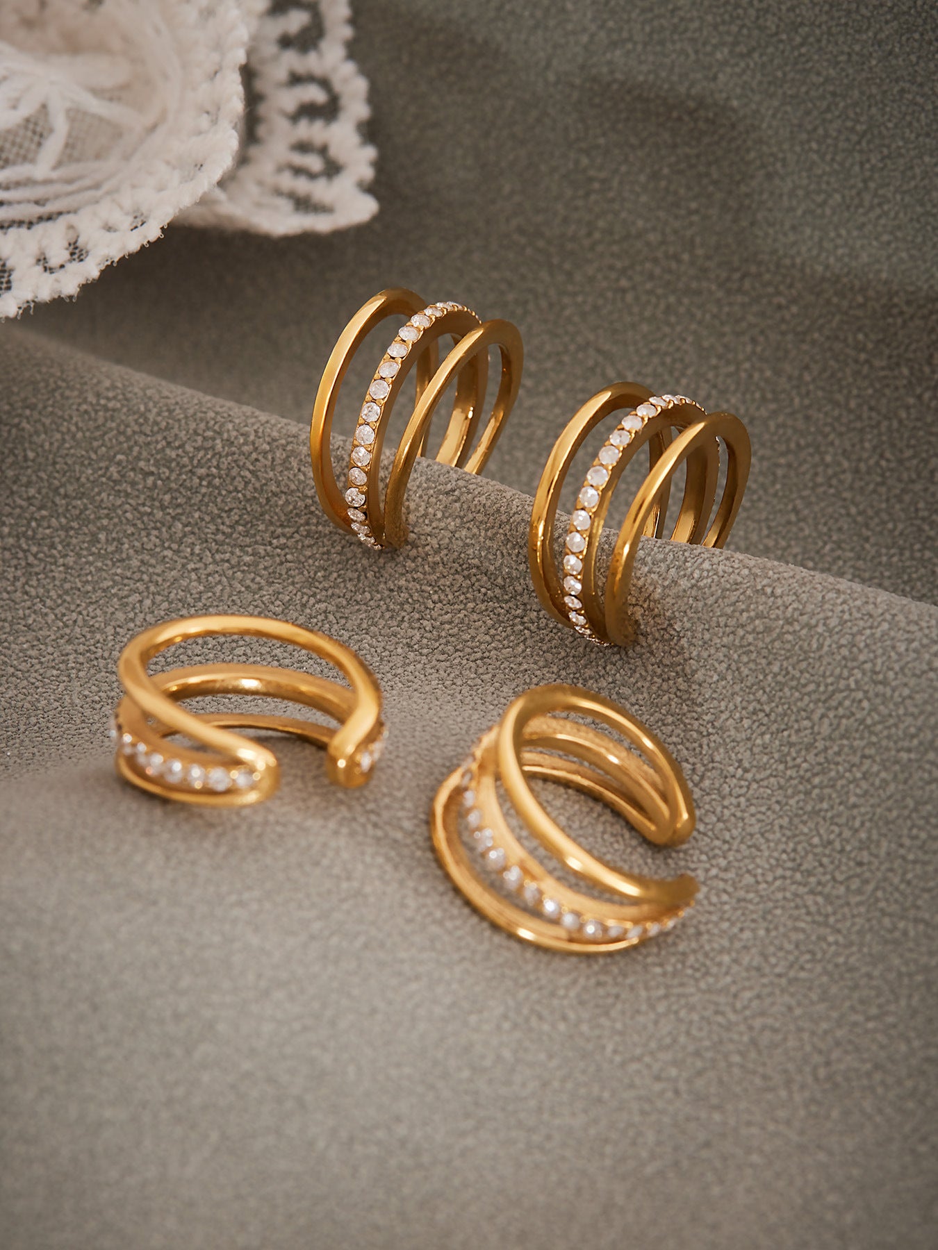 316L Stainless Steel 18K Gold PVD Twisted Three-Layer Zircon Ear Cuff Earrings - Twisted Three-Layer Zircon Ear Cuff Wholesale Stainless Steel Jewelry - Sensitive Skin Friendly - Detail 17