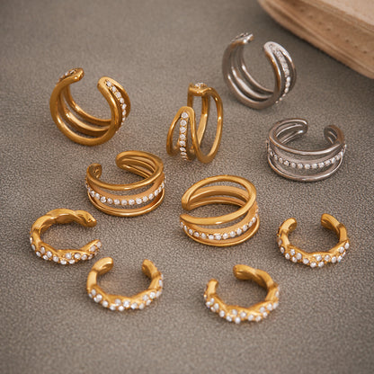 316L Stainless Steel 18K Gold PVD Twisted Three-Layer Zircon Ear Cuff Earrings - Twisted Three-Layer Zircon Ear Cuff Wholesale Stainless Steel Jewelry - Sensitive Skin Friendly - Detail 3