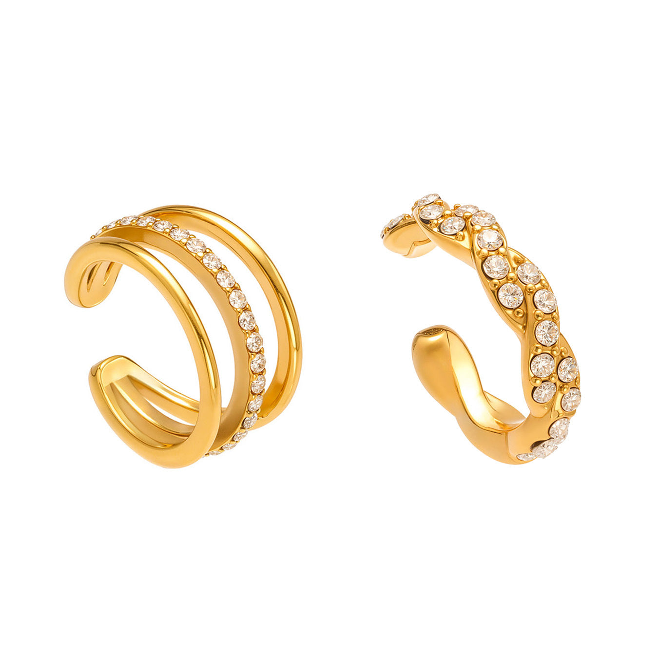 316L Stainless Steel 18K Gold PVD Twisted Three-Layer Zircon Ear Cuff Earrings - Twisted Three-Layer Zircon Ear Cuff Wholesale Stainless Steel Jewelry - Sensitive Skin Friendly - Detail 6