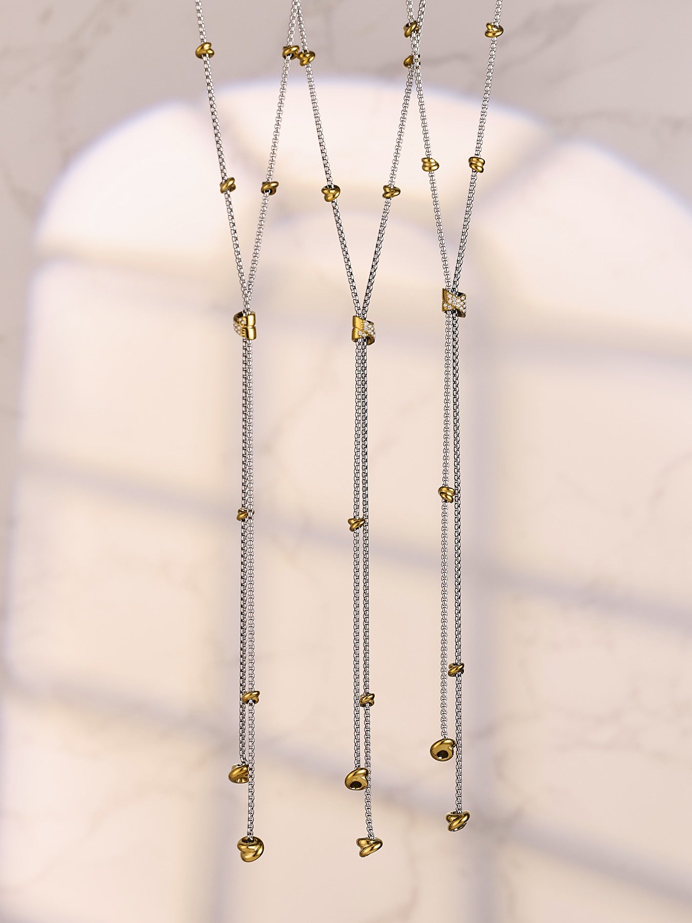 316L Stainless Steel 18K Gold PVD Two-Tone Micro-Inlaid Zircon Long Tassel Y-Necklace - Two-Tone Gold, Micro-Inlaid Zircon, Tassel, Y-Necklace Wholesale Stainless Steel Jewelry - Sensitive Skin Friendly - Detail 10