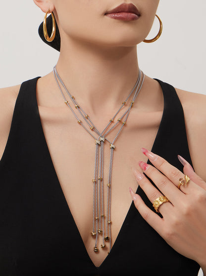 316L Stainless Steel 18K Gold PVD Two-Tone Micro-Inlaid Zircon Long Tassel Y-Necklace - Two-Tone Gold, Micro-Inlaid Zircon, Tassel, Y-Necklace Wholesale Stainless Steel Jewelry - Sensitive Skin Friendly - Detail 11