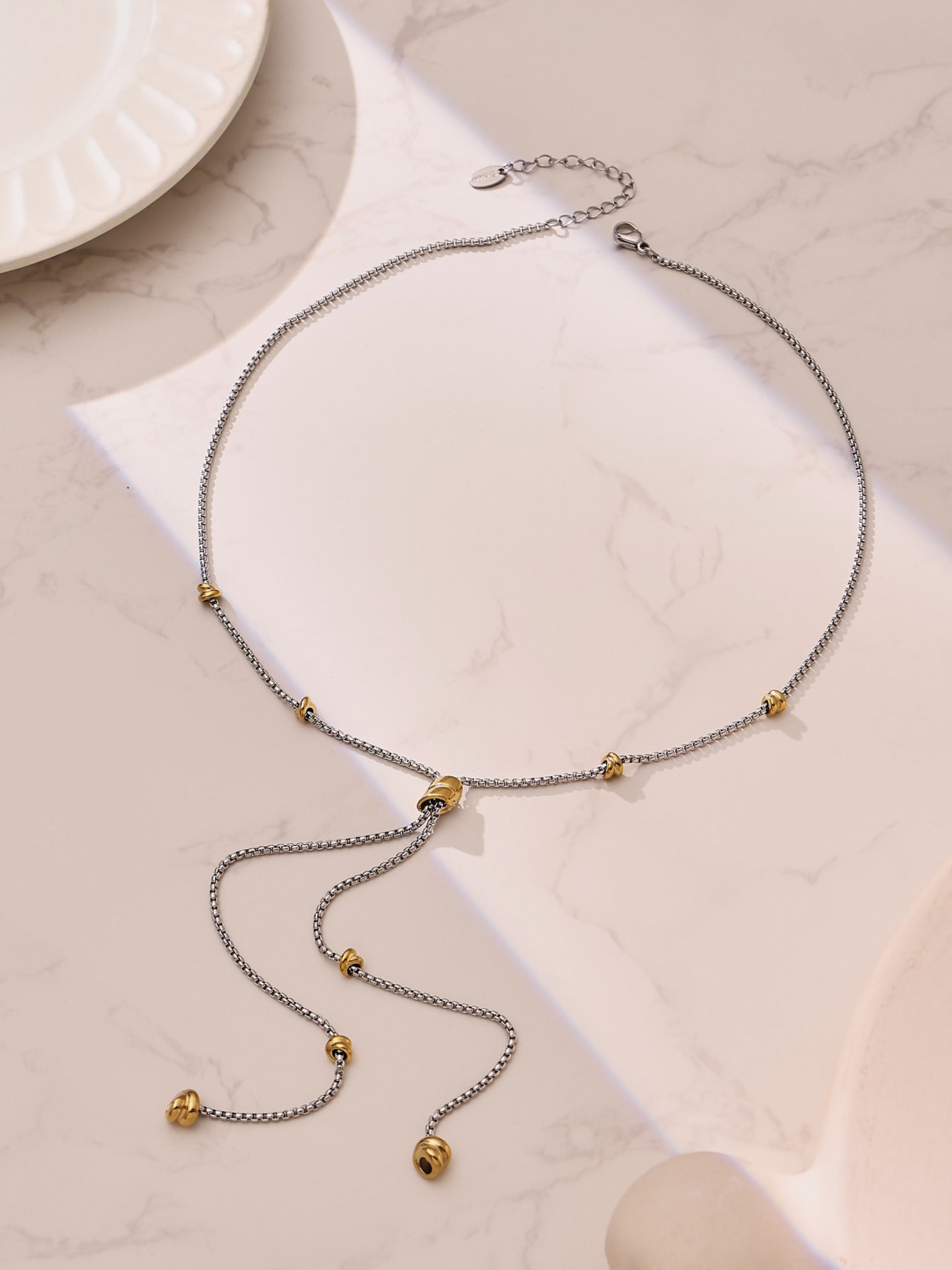 316L Stainless Steel 18K Gold PVD Two-Tone Micro-Inlaid Zircon Long Tassel Y-Necklace - Two-Tone Gold, Micro-Inlaid Zircon, Tassel, Y-Necklace Wholesale Stainless Steel Jewelry - Sensitive Skin Friendly - Detail 12