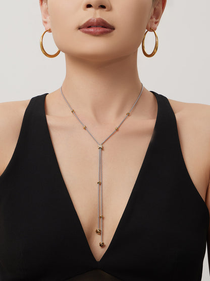 316L Stainless Steel 18K Gold PVD Two-Tone Micro-Inlaid Zircon Long Tassel Y-Necklace - Two-Tone Gold, Micro-Inlaid Zircon, Tassel, Y-Necklace Wholesale Stainless Steel Jewelry - Sensitive Skin Friendly - Detail 13