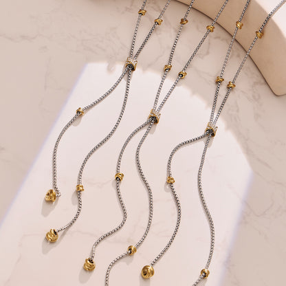 316L Stainless Steel 18K Gold PVD Two-Tone Micro-Inlaid Zircon Long Tassel Y-Necklace - Two-Tone Gold, Micro-Inlaid Zircon, Tassel, Y-Necklace Wholesale Stainless Steel Jewelry - Sensitive Skin Friendly - Detail 4