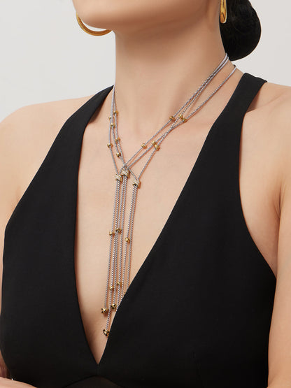 316L Stainless Steel 18K Gold PVD Two-Tone Micro-Inlaid Zircon Long Tassel Y-Necklace - Two-Tone Gold, Micro-Inlaid Zircon, Tassel, Y-Necklace Wholesale Stainless Steel Jewelry - Sensitive Skin Friendly - Detail 6