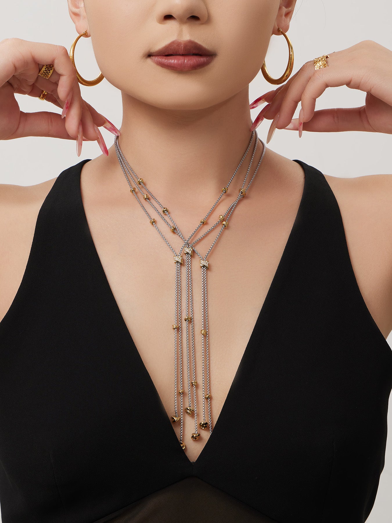 316L Stainless Steel 18K Gold PVD Two-Tone Micro-Inlaid Zircon Long Tassel Y-Necklace - Two-Tone Gold, Micro-Inlaid Zircon, Tassel, Y-Necklace Wholesale Stainless Steel Jewelry - Sensitive Skin Friendly - Detail 9