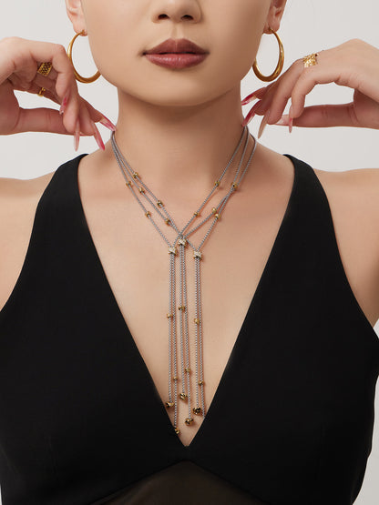 316L Stainless Steel 18K Gold PVD Two-Tone Micro-Inlaid Zircon Long Tassel Y-Necklace - Two-Tone Gold, Micro-Inlaid Zircon, Tassel, Y-Necklace Wholesale Stainless Steel Jewelry - Sensitive Skin Friendly - Detail 9