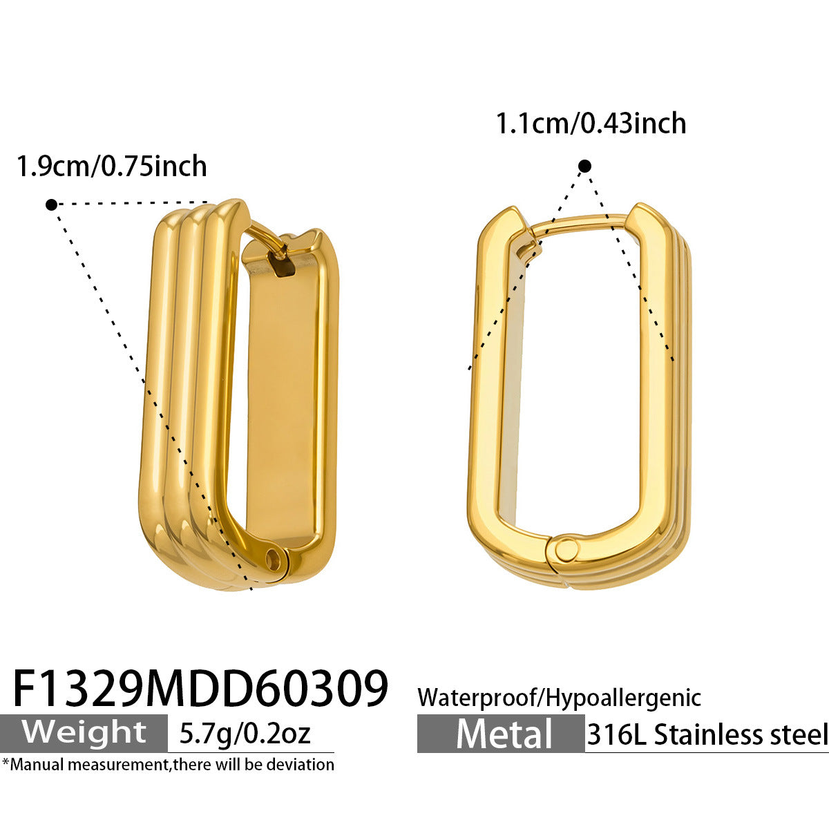 316L stainless steel 18K gold PVD U-shaped hoop earrings, minimalist hypoallergenic waterproof jewelry for women