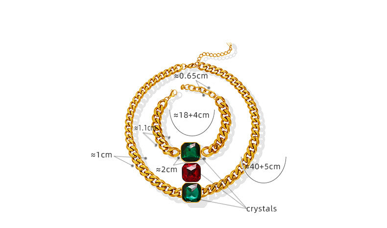 316L Stainless Steel 18K Gold PVD Unisex Crystal Stone Cuban Chain Necklace & Bracelet Set - Unisex Gold Plated Crystal Stone Cuban Chain Green Red Yellow Blue Wholesale Stainless Steel Jewelry - Sensitive Skin Friendly - Detail 1