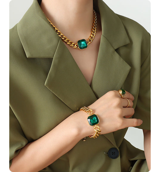 316L Stainless Steel 18K Gold PVD Unisex Crystal Stone Cuban Chain Necklace & Bracelet Set - Unisex Gold Plated Crystal Stone Cuban Chain Green Red Yellow Blue Wholesale Stainless Steel Jewelry - Sensitive Skin Friendly - Detail 2