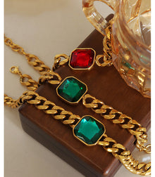 316L Stainless Steel 18K Gold PVD Unisex Crystal Stone Cuban Chain Necklace & Bracelet Set - Unisex Gold Plated Crystal Stone Cuban Chain Green Red Yellow Blue Wholesale Stainless Steel Jewelry - Sensitive Skin Friendly - Detail 3