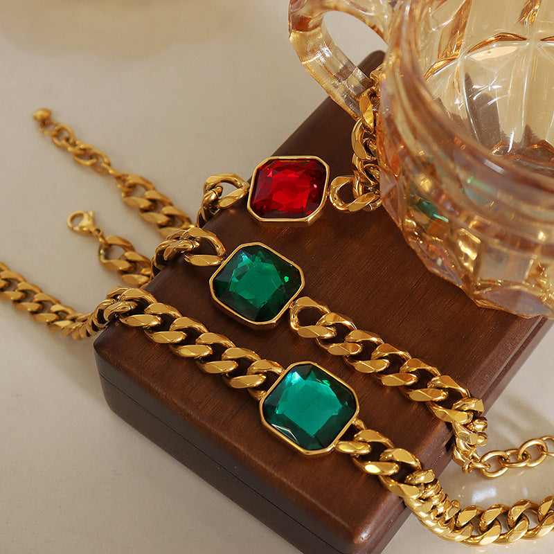 316L Stainless Steel 18K Gold PVD Unisex Crystal Stone Cuban Chain Necklace & Bracelet Set - Unisex Gold Plated Crystal Stone Cuban Chain Green Red Yellow Blue Wholesale Stainless Steel Jewelry - Sensitive Skin Friendly - Detail 4