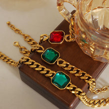 316L Stainless Steel 18K Gold PVD Unisex Crystal Stone Cuban Chain Necklace & Bracelet Set - Unisex Gold Plated Crystal Stone Cuban Chain Green Red Yellow Blue Wholesale Stainless Steel Jewelry - Sensitive Skin Friendly - Detail 4