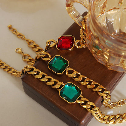 316L Stainless Steel 18K Gold PVD Unisex Crystal Stone Cuban Chain Necklace & Bracelet Set - Unisex Gold Plated Crystal Stone Cuban Chain Green Red Yellow Blue Wholesale Stainless Steel Jewelry - Sensitive Skin Friendly - Detail 4