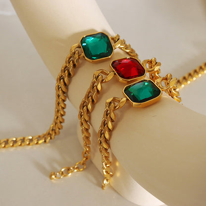 316L Stainless Steel 18K Gold PVD Unisex Crystal Stone Cuban Chain Necklace & Bracelet Set - Unisex Gold Plated Crystal Stone Cuban Chain Green Red Yellow Blue Wholesale Stainless Steel Jewelry - Sensitive Skin Friendly - Detail 5