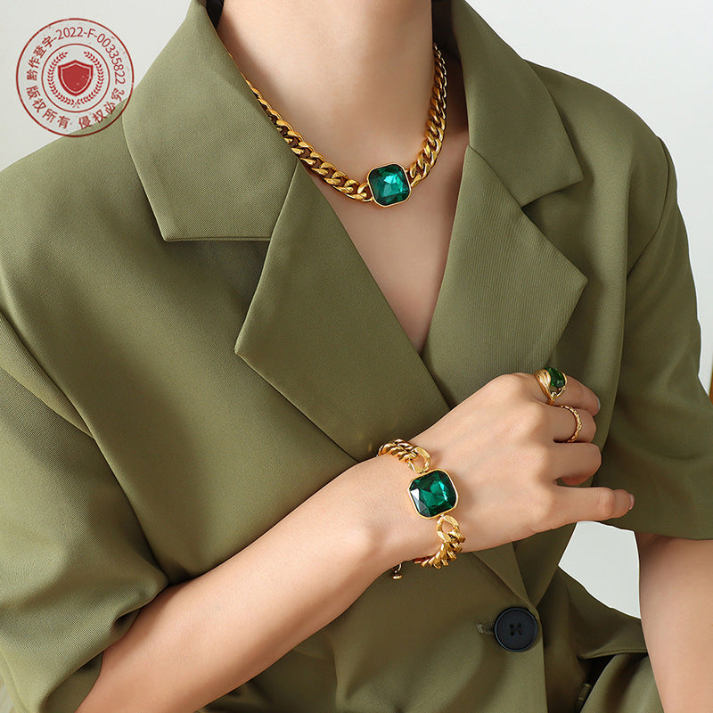 316L Stainless Steel 18K Gold PVD Unisex Crystal Stone Cuban Chain Necklace & Bracelet Set - Unisex Gold Plated Crystal Stone Cuban Chain Green Red Yellow Blue Wholesale Stainless Steel Jewelry - Sensitive Skin Friendly - Detail 6