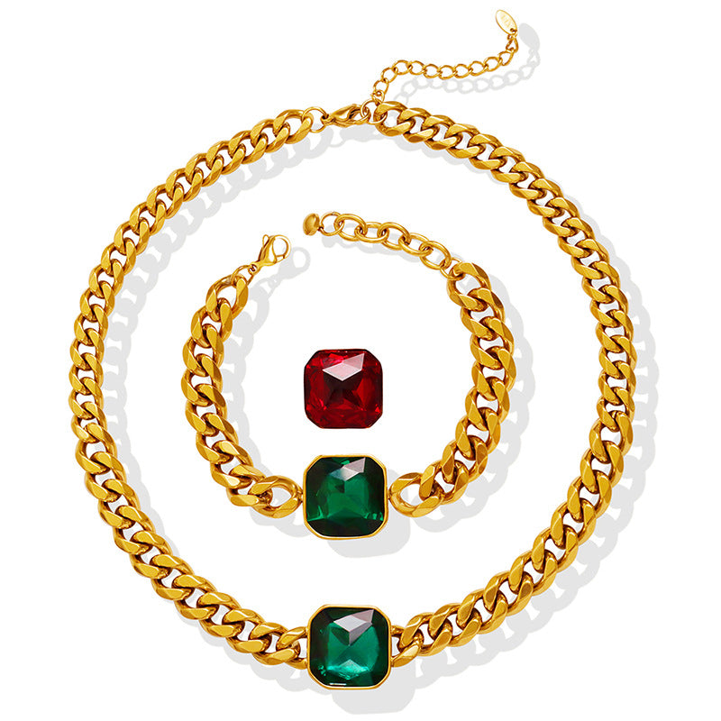 316L Stainless Steel 18K Gold PVD Unisex Crystal Stone Cuban Chain Necklace & Bracelet Set - Unisex Gold Plated Crystal Stone Cuban Chain Green Red Yellow Blue Wholesale Stainless Steel Jewelry - Sensitive Skin Friendly - Detail 7