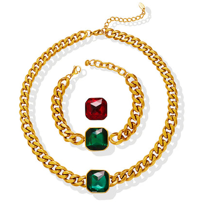 316L Stainless Steel 18K Gold PVD Unisex Crystal Stone Cuban Chain Necklace & Bracelet Set - Unisex Gold Plated Crystal Stone Cuban Chain Green Red Yellow Blue Wholesale Stainless Steel Jewelry - Sensitive Skin Friendly - Detail 7