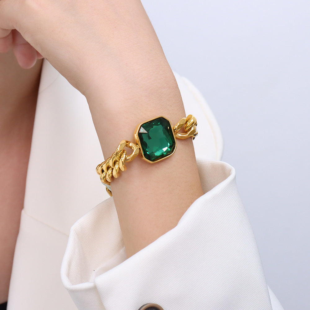 316L Stainless Steel 18K Gold PVD Unisex Crystal Stone Cuban Chain Necklace & Bracelet Set - Unisex Gold Plated Crystal Stone Cuban Chain Green Red Yellow Blue Wholesale Stainless Steel Jewelry - Sensitive Skin Friendly - Detail 8