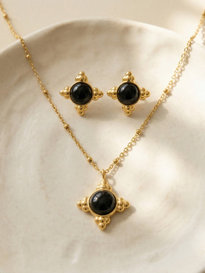 316L Stainless Steel 18K Gold PVD Vintage Cross Black Onyx Earrings Necklace Set - Vintage Cross Black Onyx Earrings Necklace Set Wholesale Stainless Steel Jewelry - Sensitive Skin Friendly - Detail 11