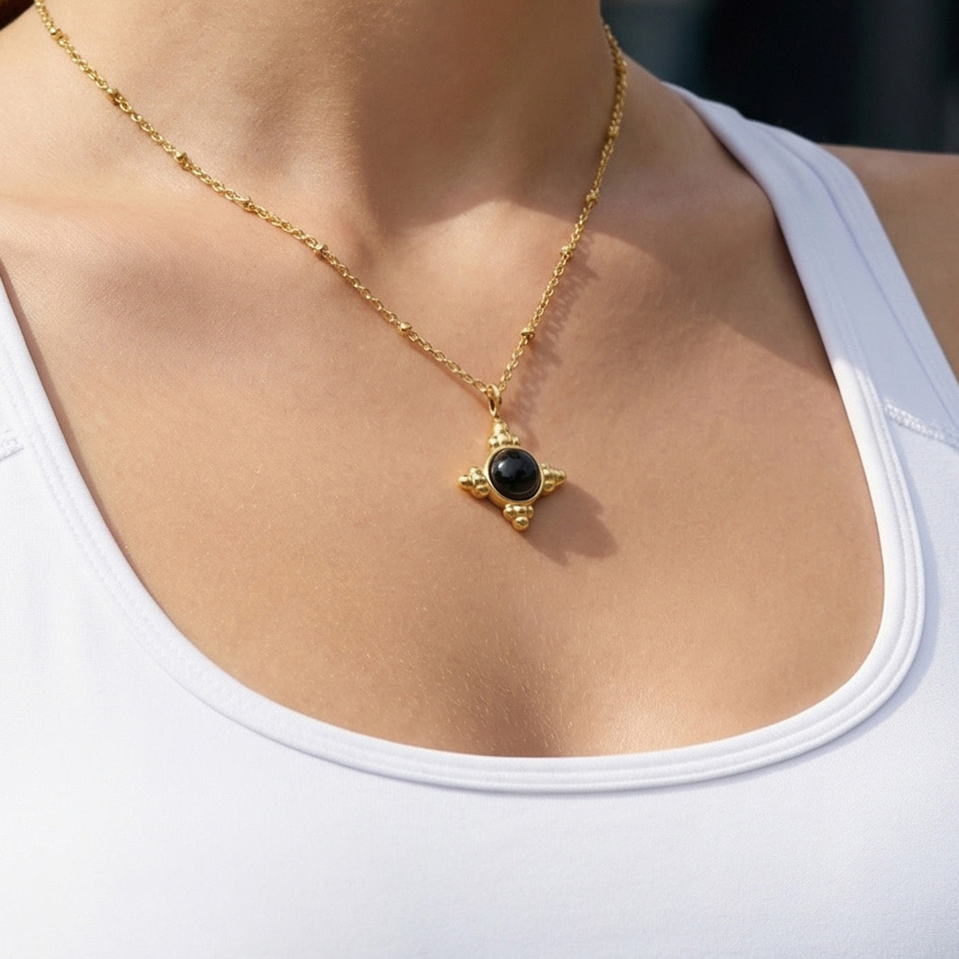 316L Stainless Steel 18K Gold PVD Vintage Cross Black Onyx Earrings Necklace Set - Vintage Cross Black Onyx Earrings Necklace Set Wholesale Stainless Steel Jewelry - Sensitive Skin Friendly - Detail 12