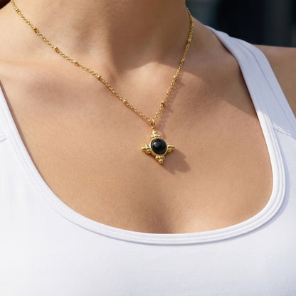 316L Stainless Steel 18K Gold PVD Vintage Cross Black Onyx Earrings Necklace Set - Vintage Cross Black Onyx Earrings Necklace Set Wholesale Stainless Steel Jewelry - Sensitive Skin Friendly - Detail 12