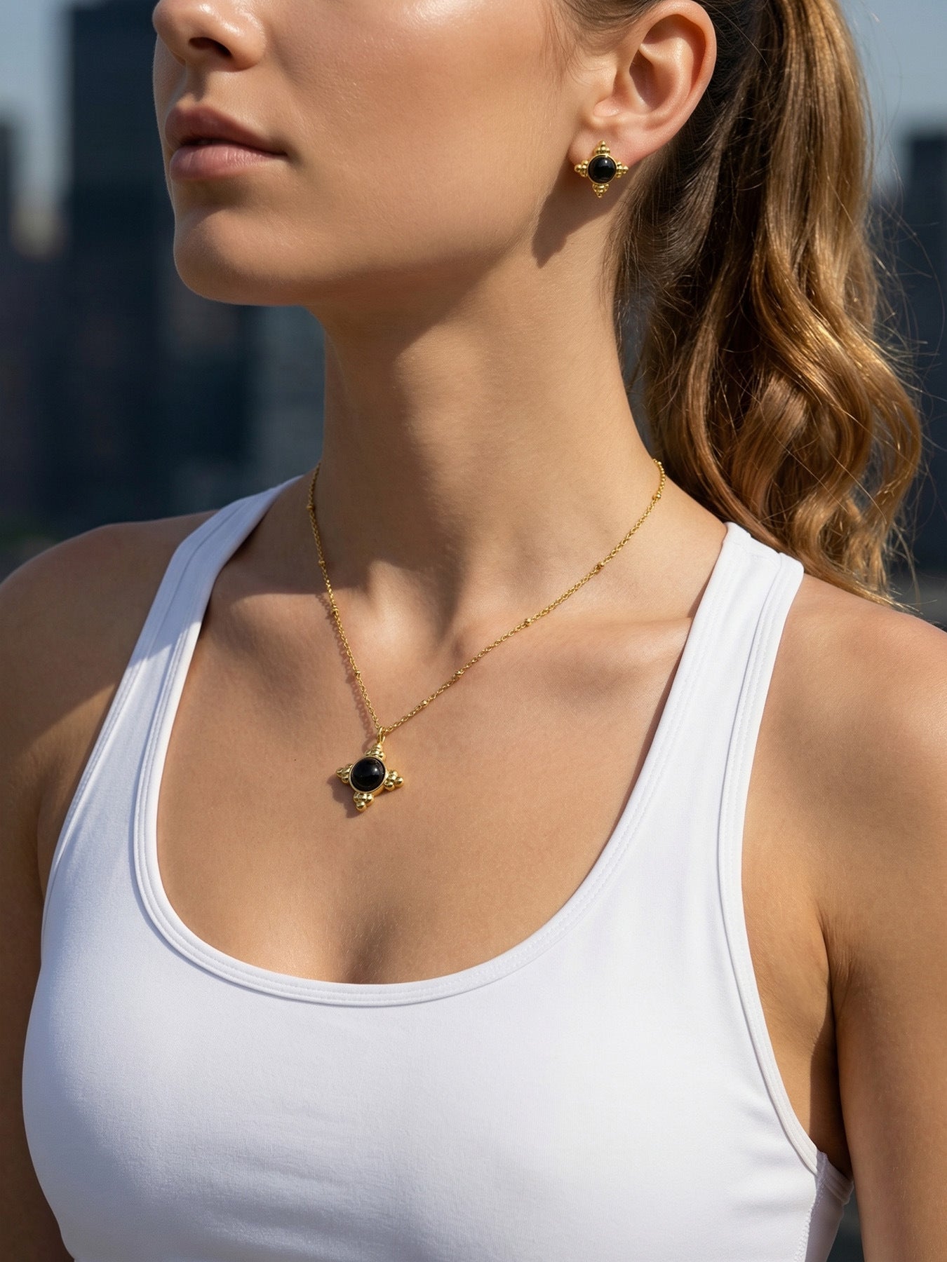 316L Stainless Steel 18K Gold PVD Vintage Cross Black Onyx Earrings Necklace Set - Vintage Cross Black Onyx Earrings Necklace Set Wholesale Stainless Steel Jewelry - Sensitive Skin Friendly - Detail 2