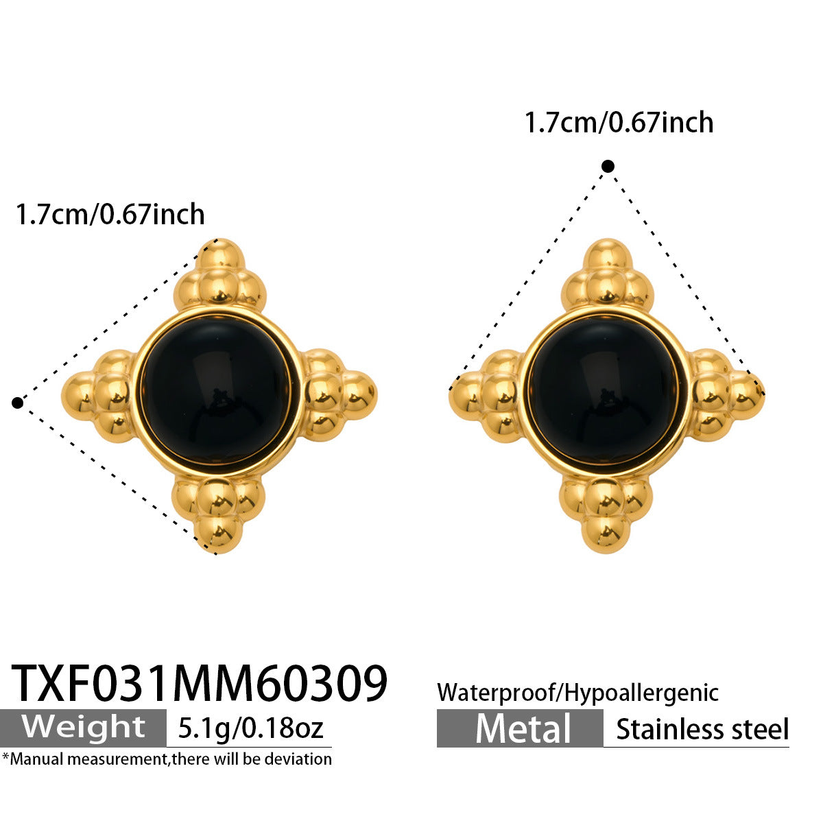 316L Stainless Steel 18K Gold PVD Vintage Cross Black Onyx Earrings Necklace Set - Vintage Cross Black Onyx Earrings Necklace Set Wholesale Stainless Steel Jewelry - Sensitive Skin Friendly - Detail 3