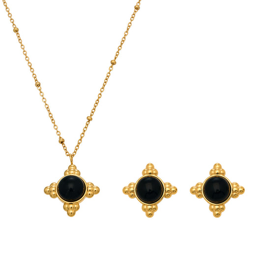 316L Stainless Steel 18K Gold PVD Vintage Cross Black Onyx Earrings Necklace Set - Vintage Cross Black Onyx Earrings Necklace Set Wholesale Stainless Steel Jewelry - Sensitive Skin Friendly - Detail 9
