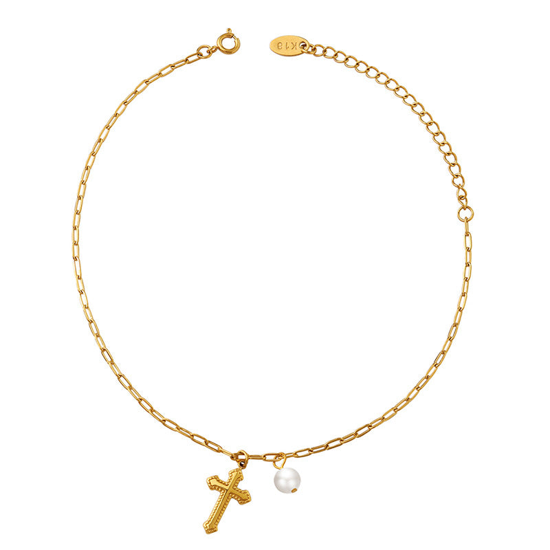 316L Stainless Steel 18K Gold PVD Vintage Cross Pendant Anklet - Vintage Cross Pendant Pearl Accents Wholesale Stainless Steel Jewelry - Sensitive Skin Friendly - Detail 1