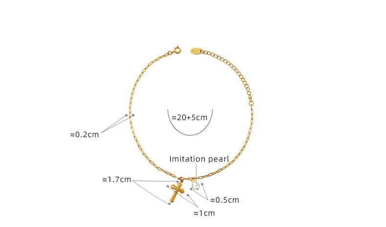 316L Stainless Steel 18K Gold PVD Vintage Cross Pendant Anklet - Vintage Cross Pendant Pearl Accents Wholesale Stainless Steel Jewelry - Sensitive Skin Friendly - Detail 4