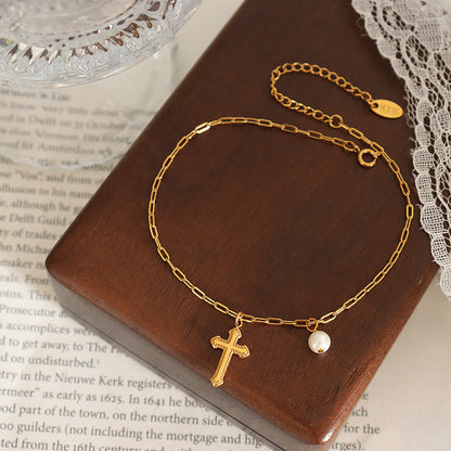 316L Stainless Steel 18K Gold PVD Vintage Cross Pendant Anklet - Vintage Cross Pendant Pearl Accents Wholesale Stainless Steel Jewelry - Sensitive Skin Friendly - Detail 6