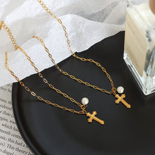 316L Stainless Steel 18K Gold PVD Vintage Cross Pendant Anklet - Vintage Cross Pendant Pearl Accents Wholesale Stainless Steel Jewelry - Sensitive Skin Friendly - Detail 7