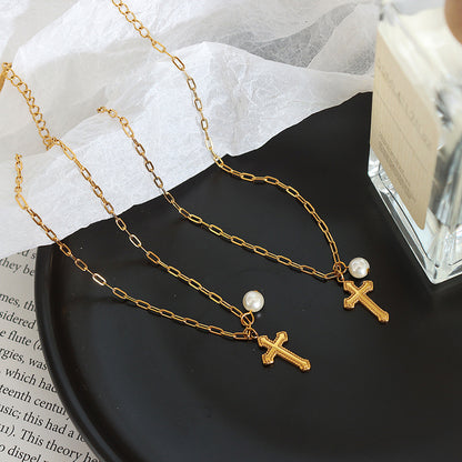 316L Stainless Steel 18K Gold PVD Vintage Cross Pendant Anklet - Vintage Cross Pendant Pearl Accents Wholesale Stainless Steel Jewelry - Sensitive Skin Friendly - Detail 7