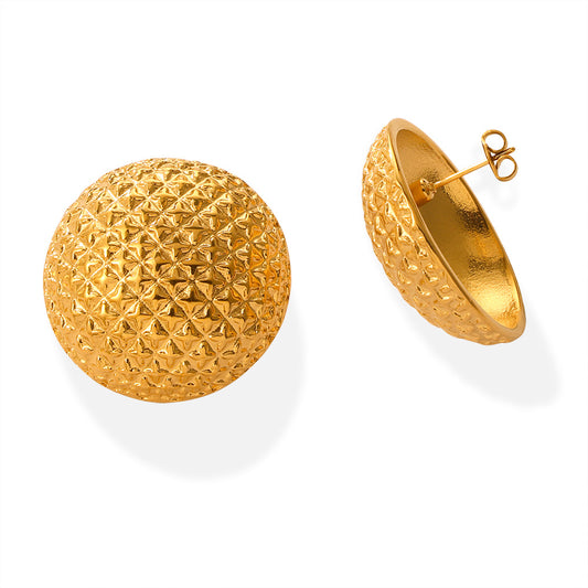 316L Stainless Steel 18K Gold PVD Vintage Elegant Round Relief Diamond Grid Earrings - Vintage Round Relief Diamond Grid Earrings Wholesale Stainless Steel Jewelry - Sensitive Skin Friendly - Detail 2