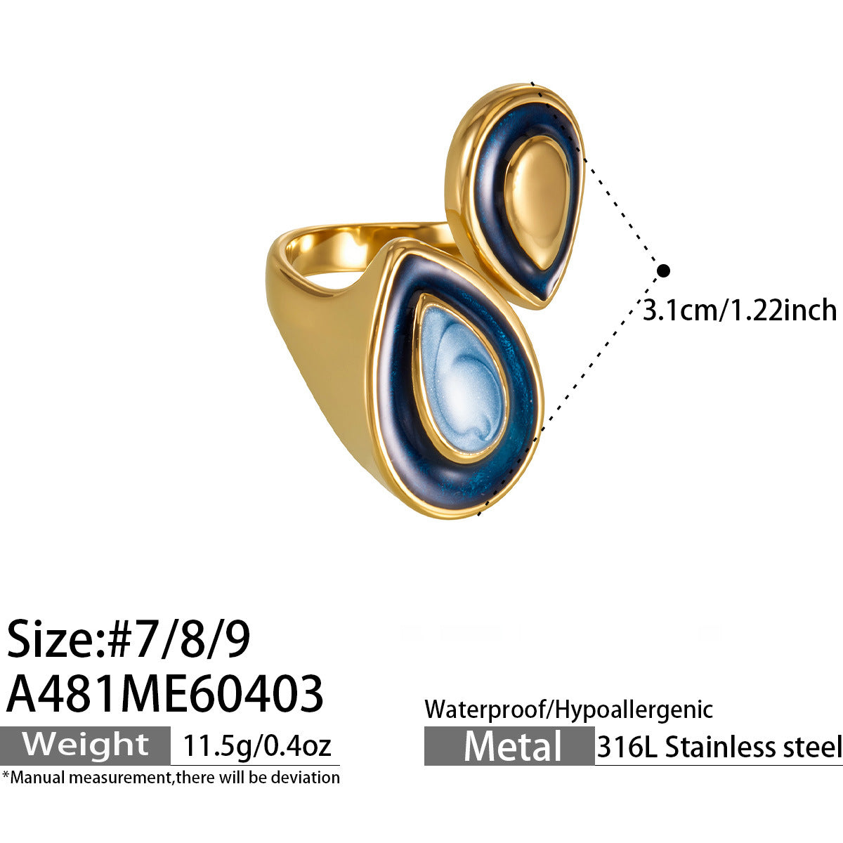 316L Stainless Steel 18K Gold PVD Vintage Enamel Oval Ring - Vintage Gold Band Enamel Minimalist Wholesale Stainless Steel Jewelry - Sensitive Skin Friendly - Detail 13