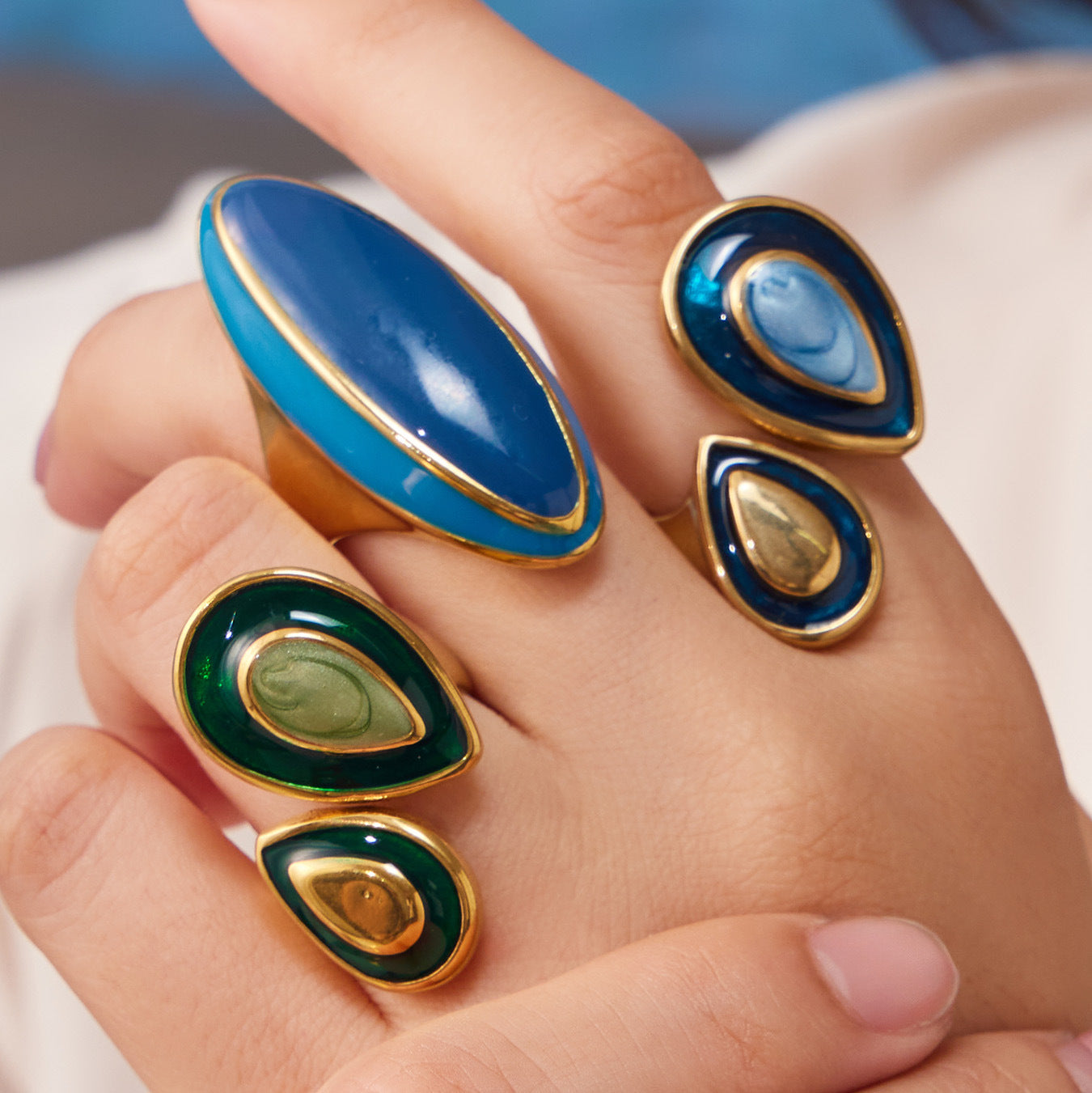 316L Stainless Steel 18K Gold PVD Vintage Enamel Oval Ring - Vintage Gold Band Enamel Minimalist Wholesale Stainless Steel Jewelry - Sensitive Skin Friendly - Detail 14