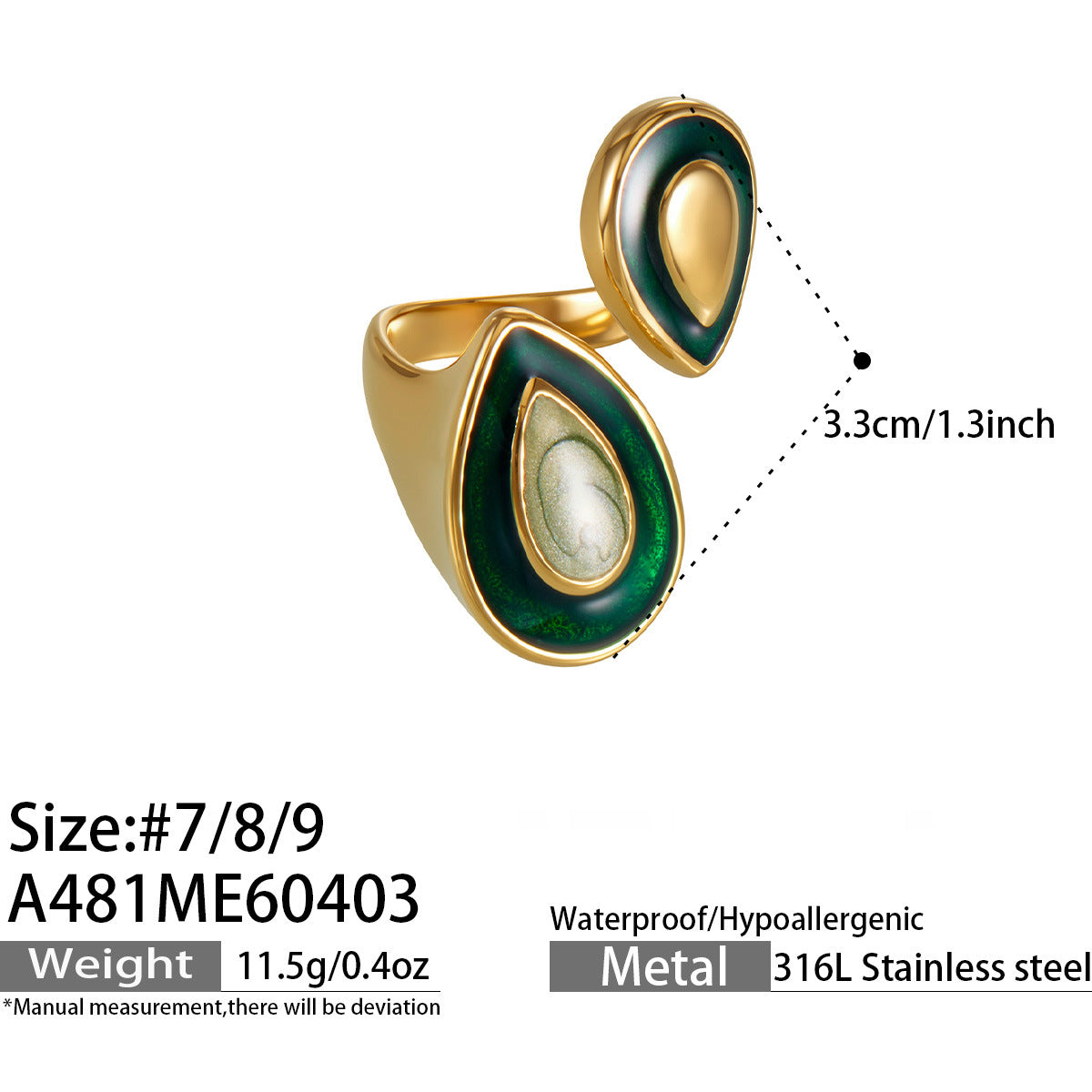 316L Stainless Steel 18K Gold PVD Vintage Enamel Oval Ring - Vintage Gold Band Enamel Minimalist Wholesale Stainless Steel Jewelry - Sensitive Skin Friendly - Detail 4