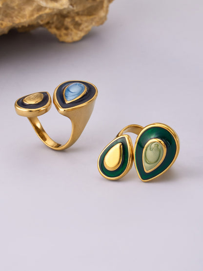 316L Stainless Steel 18K Gold PVD Vintage Enamel Oval Ring - Vintage Gold Band Enamel Minimalist Wholesale Stainless Steel Jewelry - Sensitive Skin Friendly - Detail 5