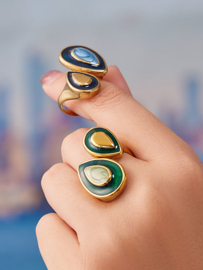 316L Stainless Steel 18K Gold PVD Vintage Enamel Oval Ring - Vintage Gold Band Enamel Minimalist Wholesale Stainless Steel Jewelry - Sensitive Skin Friendly - Detail 7