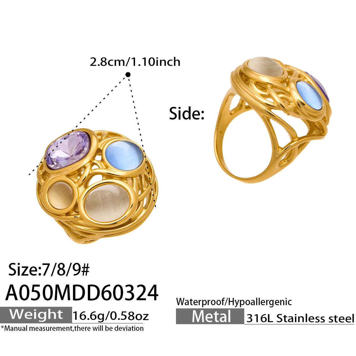 316L Stainless Steel 18K Gold PVD Vintage Filigree Cat's Eye Ring - Vintage Gold Ring, Filigree Design, Cat's Eye Stone Wholesale Stainless Steel Jewelry - Sensitive Skin Friendly - Detail 12