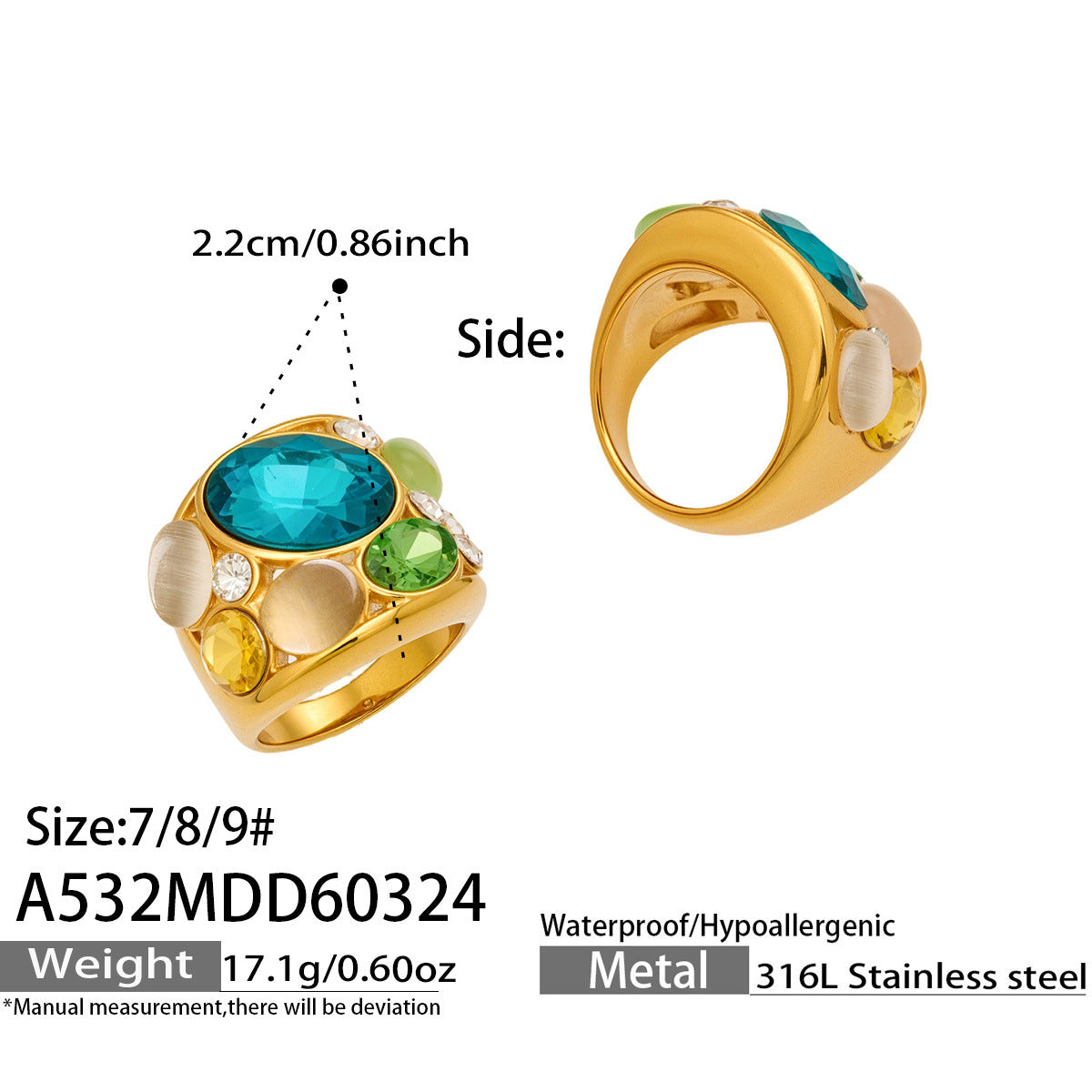 316L Stainless Steel 18K Gold PVD Vintage Filigree Cat's Eye Ring - Vintage Gold Ring, Filigree Design, Cat's Eye Stone Wholesale Stainless Steel Jewelry - Sensitive Skin Friendly - Detail 13