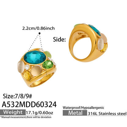316L Stainless Steel 18K Gold PVD Vintage Filigree Cat's Eye Ring - Vintage Gold Ring, Filigree Design, Cat's Eye Stone Wholesale Stainless Steel Jewelry - Sensitive Skin Friendly - Detail 13