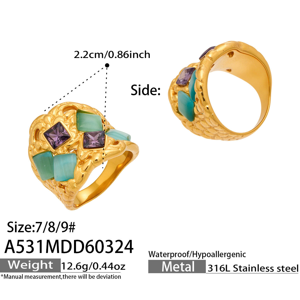 316L Stainless Steel 18K Gold PVD Vintage Filigree Cat's Eye Ring - Vintage Gold Ring, Filigree Design, Cat's Eye Stone Wholesale Stainless Steel Jewelry - Sensitive Skin Friendly - Detail 15