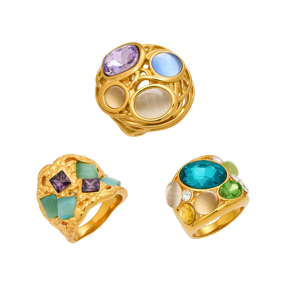 316L Stainless Steel 18K Gold PVD Vintage Filigree Cat's Eye Ring - Vintage Gold Ring, Filigree Design, Cat's Eye Stone Wholesale Stainless Steel Jewelry - Sensitive Skin Friendly - Detail 16