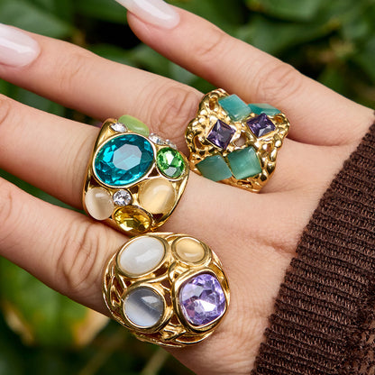 316L Stainless Steel 18K Gold PVD Vintage Filigree Cat's Eye Ring - Vintage Gold Ring, Filigree Design, Cat's Eye Stone Wholesale Stainless Steel Jewelry - Sensitive Skin Friendly - Detail 17